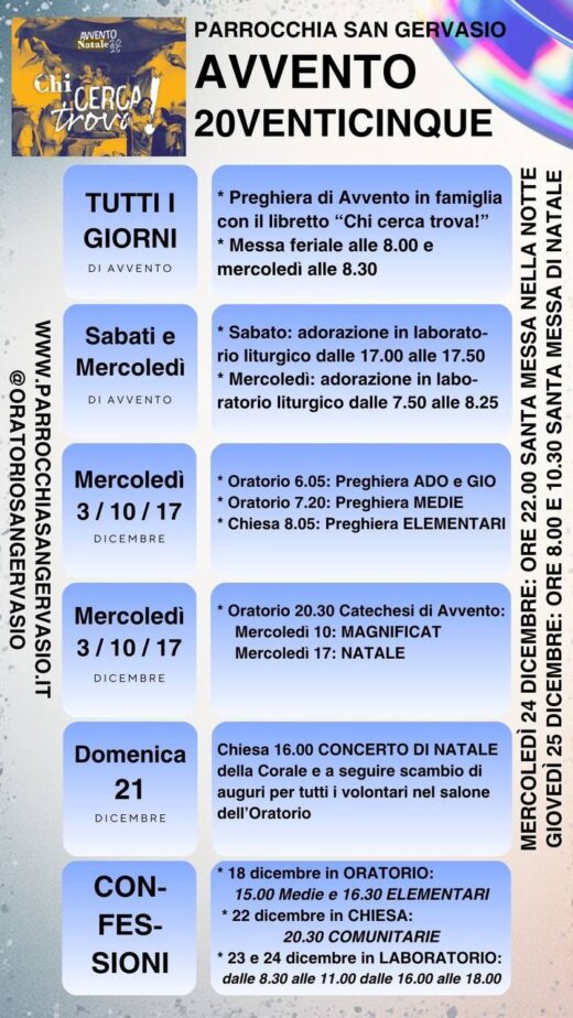 Si evidenza la variazione delle date della catechesi di avvento che si sposta al mercoledì sera